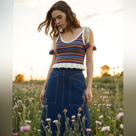 All Things Mochi NWT Knit Strappy Tank Top Rainbow Stripe Tassels Boho Festival - Picture 9 of 9